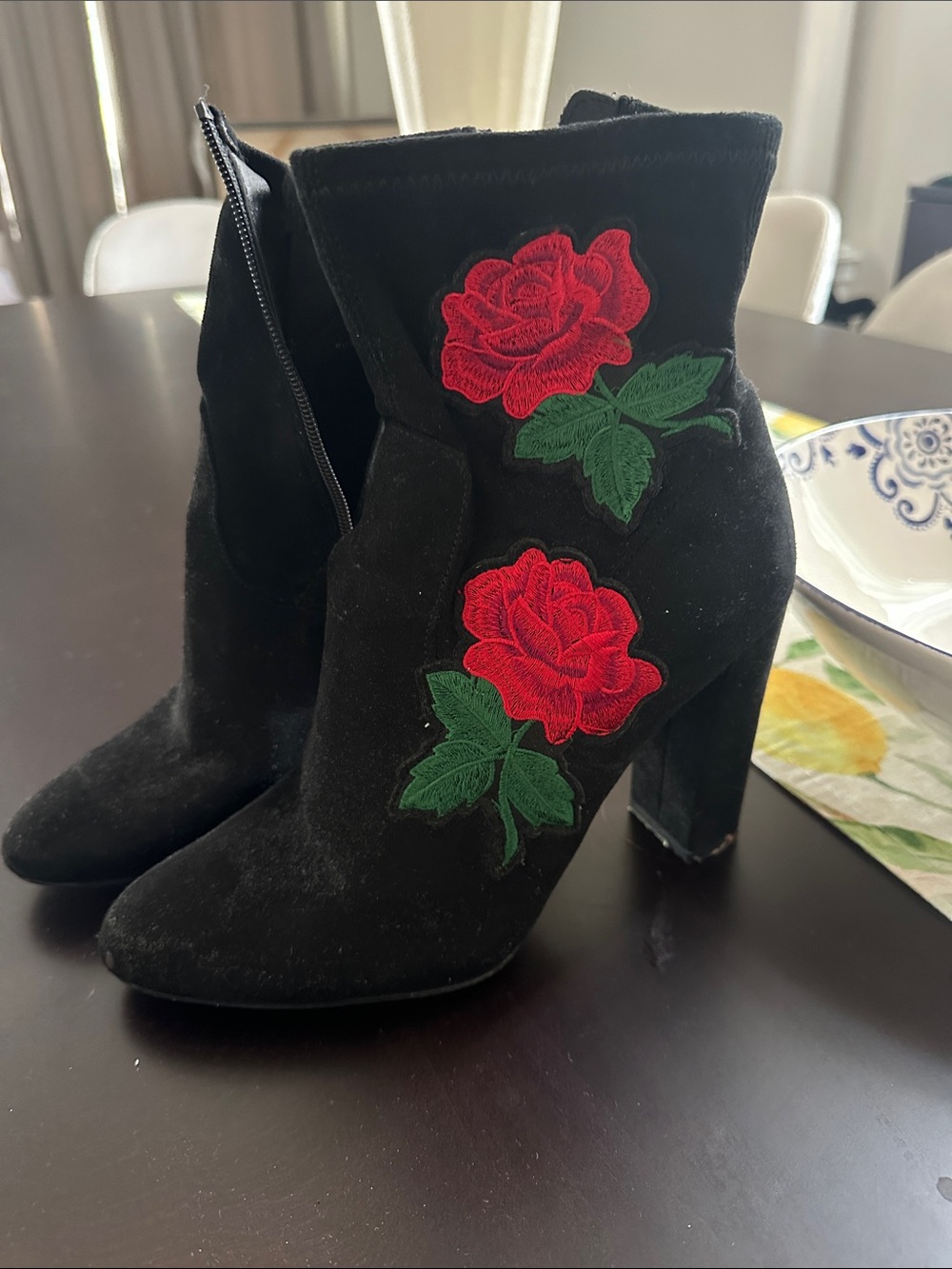 Black Suede Ankle Boots with Red Rose Embroidery